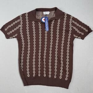 OXKNITSTORE Retro Knit Polo Shirt Men XL Brown Cream Geometric 60s Style